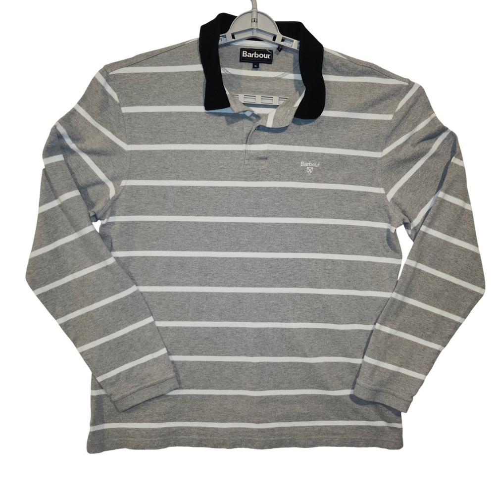 Barbour Mens Long Sleeve Polo Shirt XL Grey White Stripe Cotton MML0970GY52